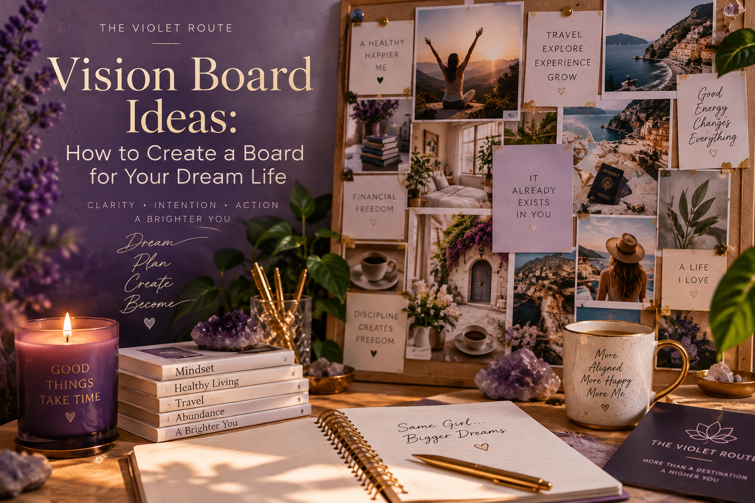 Vision board ideas for creating your dream life, featuring goals for travel, financial freedom, well-being, personal growth and intentional living.