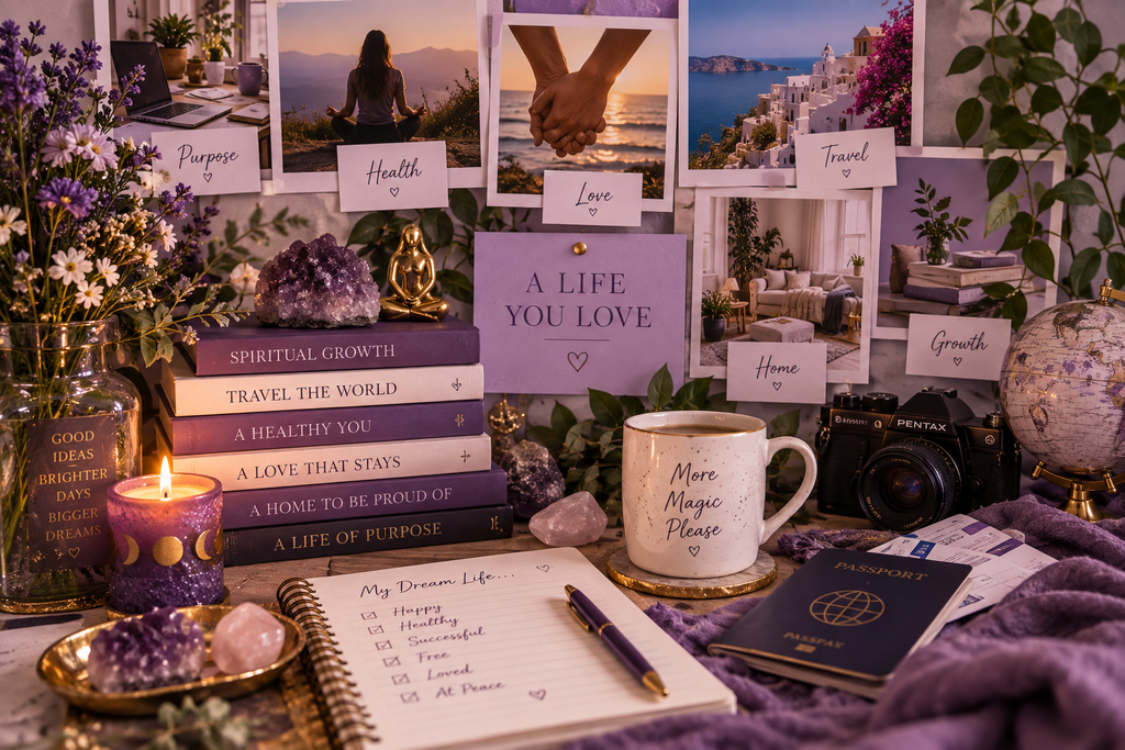 Dream life vision board featuring goals for health, love, travel, home, personal growth and purposeful living.