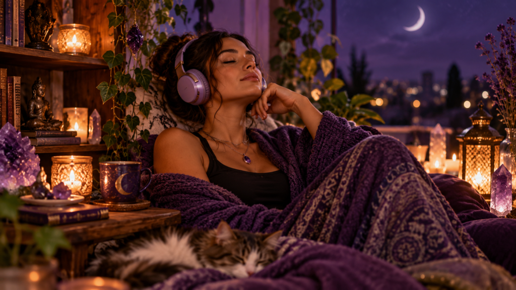 Woman listening to a guided audio practice during a quiet evening