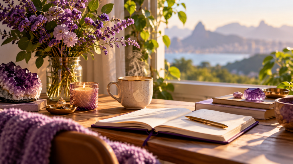 Intentional living journal with coffee, purple flowers and amethyst crystals